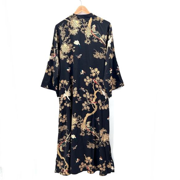 NATORI Private Luxuries Floral Bird Print Silky Zip Front Kimono Robe Medium - Picture 7 of 8